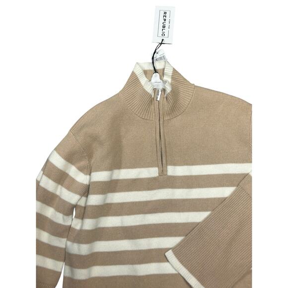 For the Republic Sweater Women M NWT Khaki Ivory Mock Neck 1/4 Zip Pullover - Picture 3 of 7